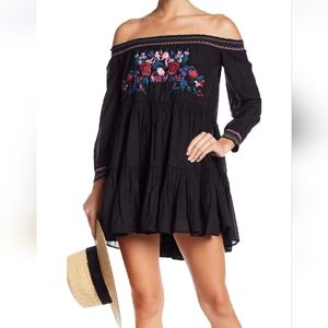 Free People Womens Floral Embroidered Off The Shoulder Mini Dress Size Large